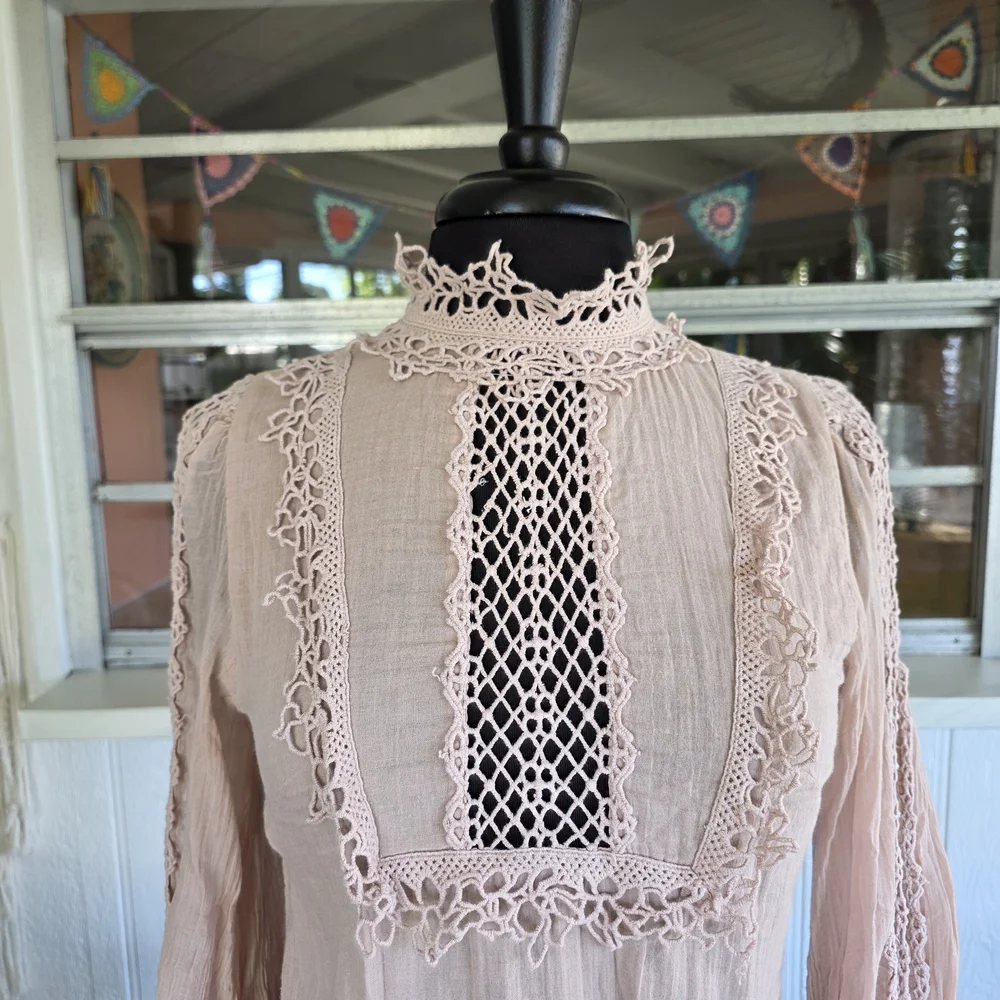 Free People FP One Victoria Top Blush Crochet-Trim Long Sleeve Top